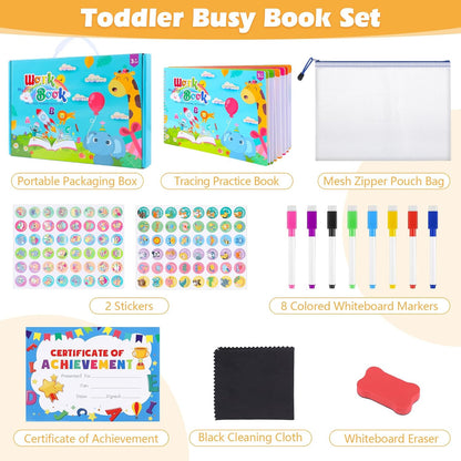 Thboxes Preschool Busy Book for Kids Ages 3-5 - 53 Pages Reusable Tracing Activity Coloring Book with Writing Practice, Educational Toys Gift, Autism Sensory Travel Activity Book for Toddlers
