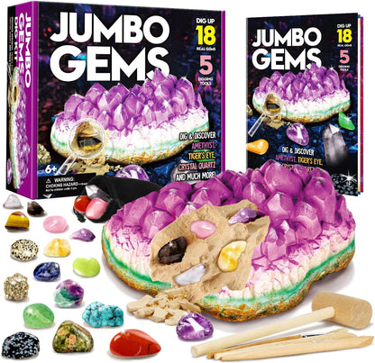 Gemstone Dig Kit - Dig Up 18 Real Gemstones and Crystals - Science Kits for Kids, STEM Toys for Age 6-8, Great Educational Geology Gifts for Boys & Girls Ages 5-7