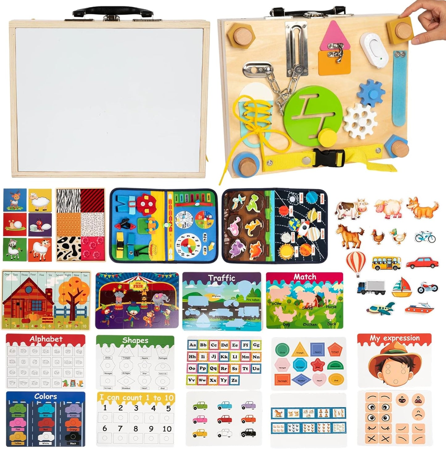 Adena Montessori Busy Board Box for Toddlers 2-4, 6 in 1 Montessori Toys for 1 Year Old with Drawing Board, Quiet Book, Puzzles, Sensory Toys for Fine Motor Skills, Learning Toys for Travel