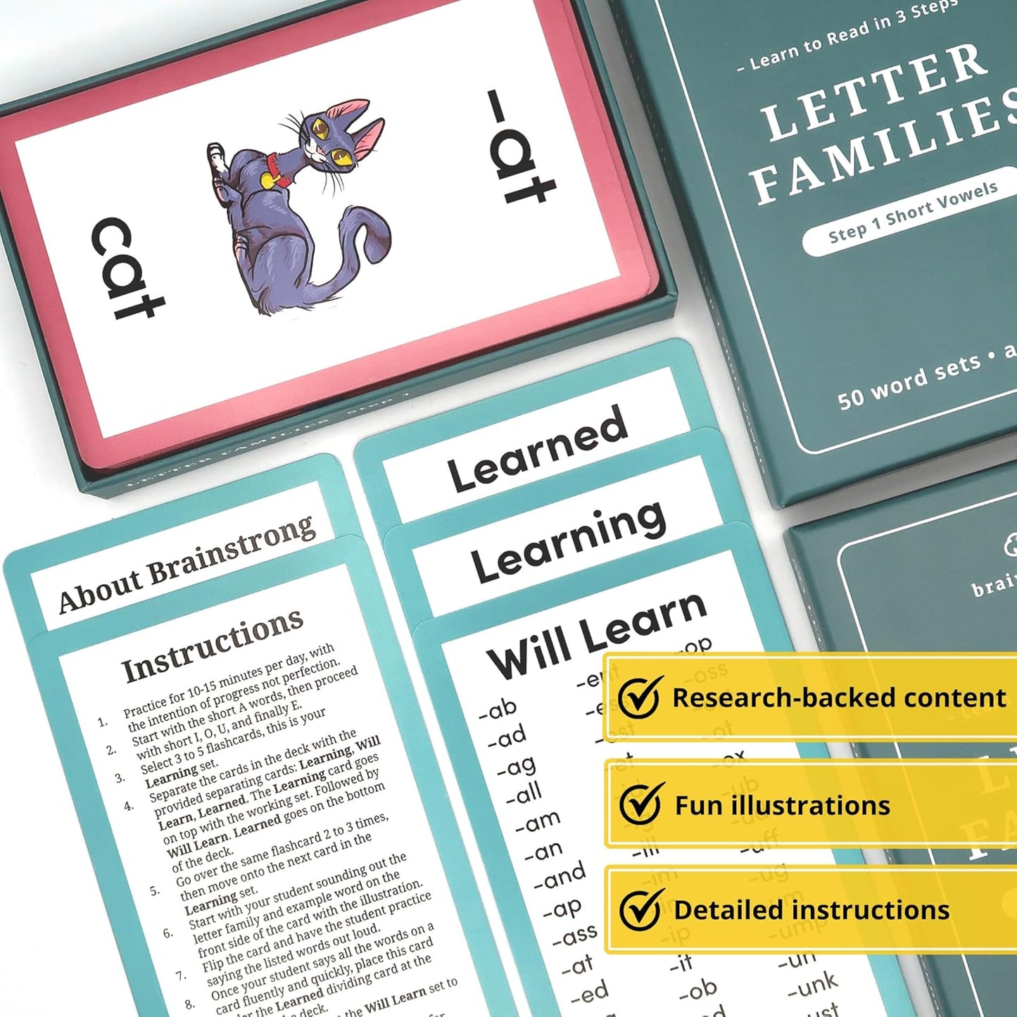 Phonics Step 1 - Short Vowels | Learn to Read Kindergarten /1st Grade | Ages 5-7 | Brainstrong 50 Letter Families Flashcards