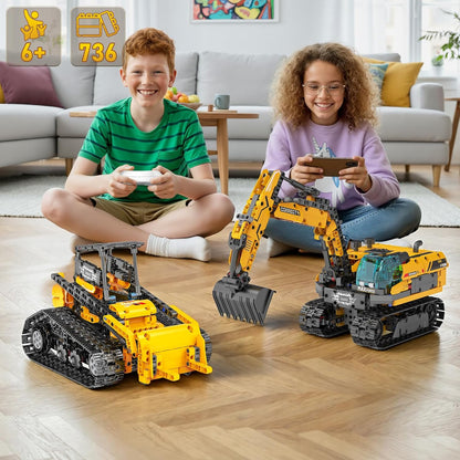 5in1 STEM Robot Building Toys for Kids 6-12, App & Remote Control STEM Excavator Bulldozer Crane Robot Building Kits, 736PCS DIY Educational Construction Building Sets, Erector Set Gift for Boys Girls