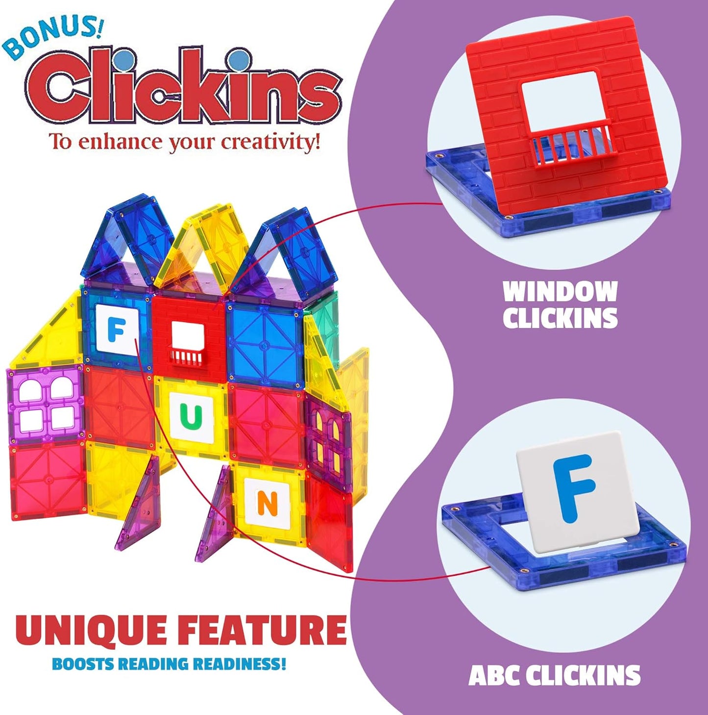 Playmags Magnetic Tile Building Set: Exclusive Educational Clickins – 80-Pc. Kit: 40 Super Strong Clear Color Magnet Tiles Windows & 40 Letters & Numbers – Stimulate Creativity & Brain Development
