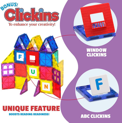 Playmags Magnetic Tile Building Set: Exclusive Educational Clickins – 80-Pc. Kit: 40 Super Strong Clear Color Magnet Tiles Windows & 40 Letters & Numbers – Stimulate Creativity & Brain Development