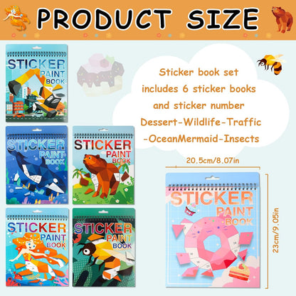 3PCS Sticker Paint Number Books Crafts for Kids Ages 4-8,8-12 Animal Dinosaur Ocean Sticker Book Stickers for Kids Boys Girl Adults for Birthday Party Favors Gift Travel Toy Daycare Activity