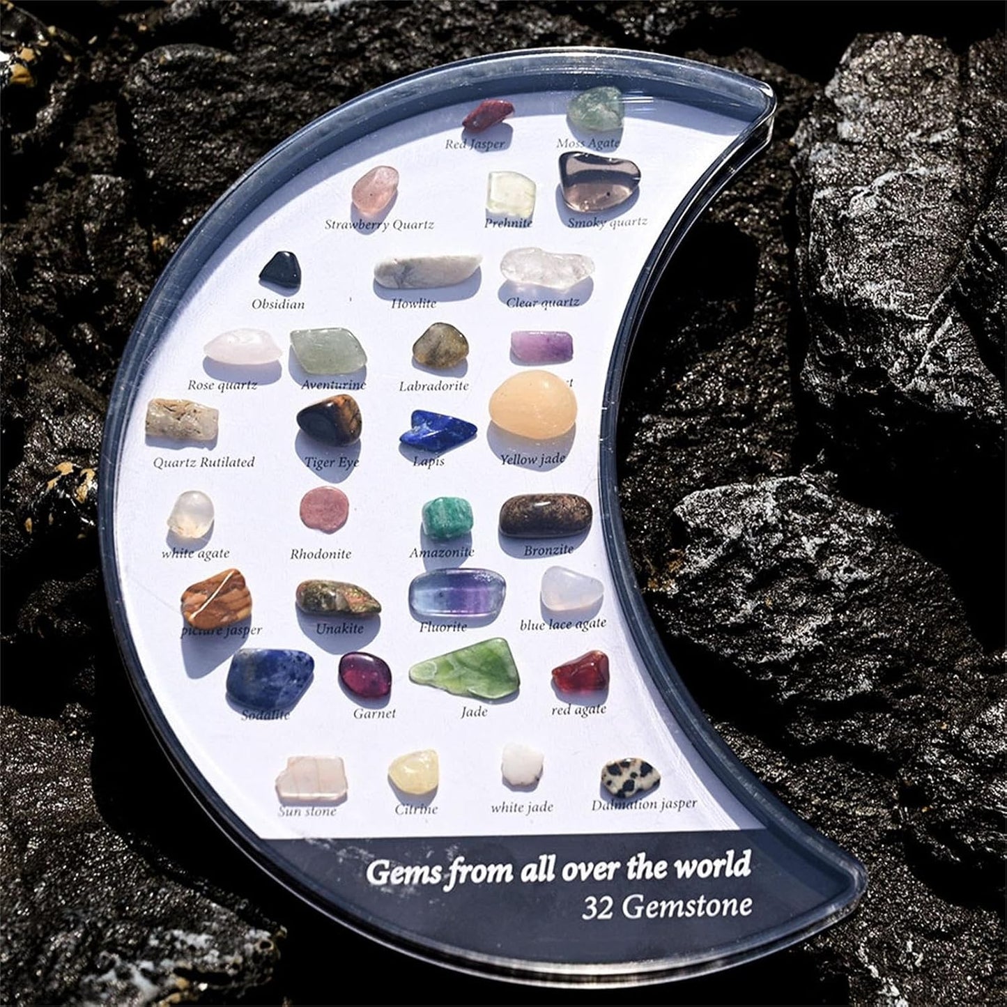 Rock Crystal Collection Box Crescent Moon Shaped, 32 Types Mineral Rock Collection Kit, For Kids Nature Science Education, Enhance Parent Child Interaction, 3.14x5.9in