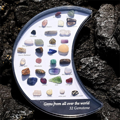 Rock Crystal Collection Box Crescent Moon Shaped, 32 Types Mineral Rock Collection Kit, For Kids Nature Science Education, Enhance Parent Child Interaction, 3.14x5.9in