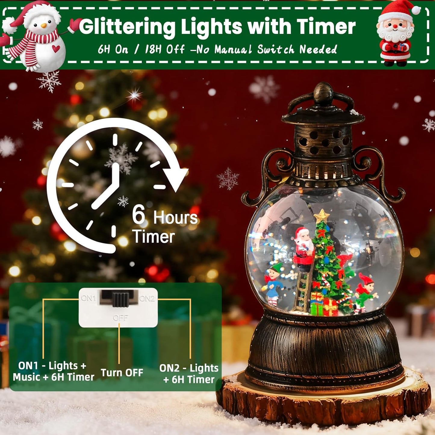 2026 Christmas Tree Train Lighted Musical Snow Globe Lantern Glittering Water Swirling Snowfall Singing Light up Decorative Holiday Decoration, 6H Timer, USB/Battery Operated, Home Décor Accent Gift