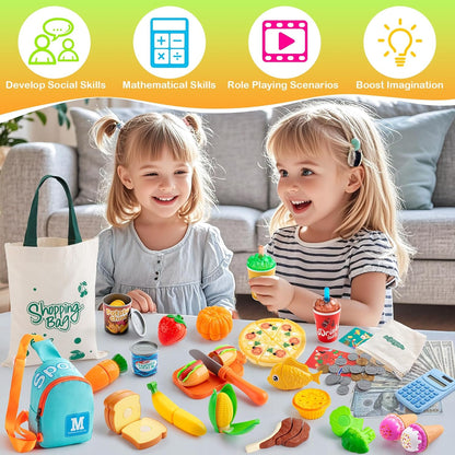 Pretend Play Food Sets for Toddlers, Kids Grocery Store Playset with Shopping Bags,Calculator, Cutting Play Food, Play Money, Sling Bag,Play Kitchen Accessories for Age 3+ Role-Play Games Gift