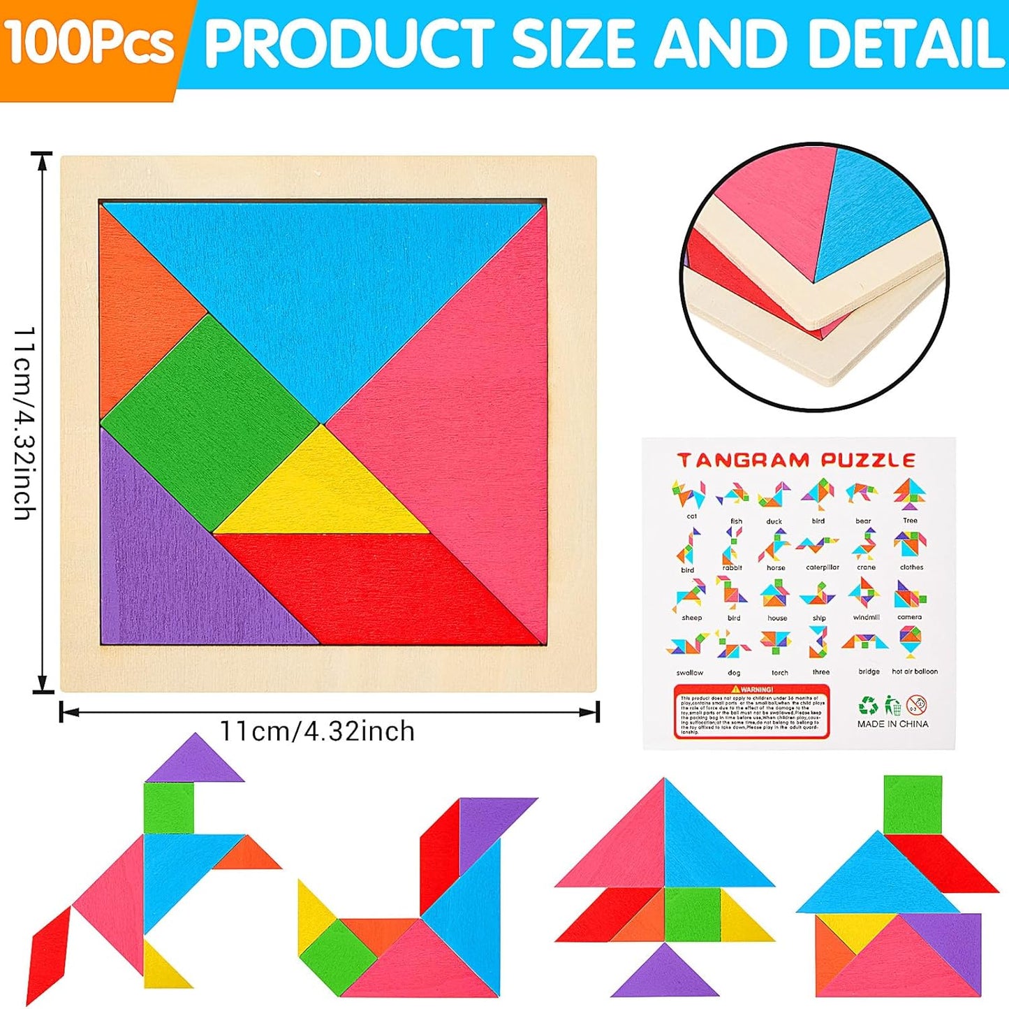 Soulchen 100 Pack Wooden Tangrams Puzzles Bulk for Student Shapes Puzzle Brain Logic Block for Tangram Game Geometric Pattern Block Toy Birthday Party Goody Bag Stuffers Educational Gifts for Adults