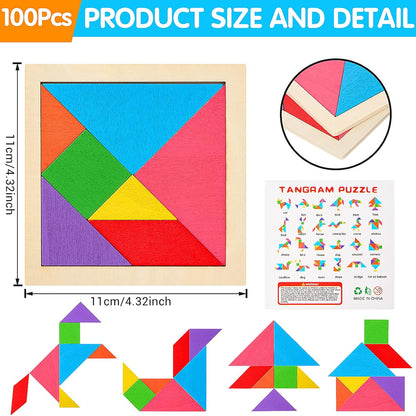 Soulchen 100 Pack Wooden Tangrams Puzzles Bulk for Student Shapes Puzzle Brain Logic Block for Tangram Game Geometric Pattern Block Toy Birthday Party Goody Bag Stuffers Educational Gifts for Adults