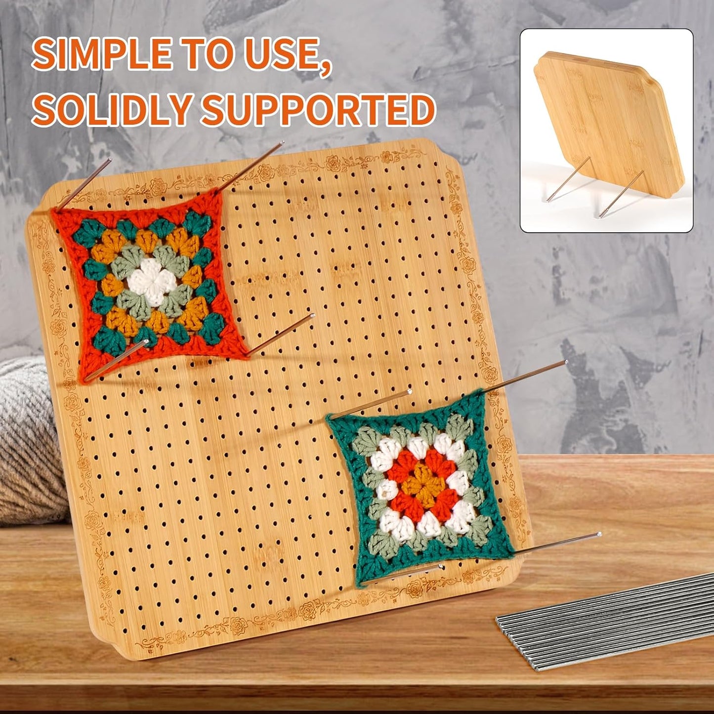 CraftyManor 7.6 in Blocking Boards for Crochet Projects with Rose Pattern, Crochet Blocking Board with Pegs, Granny Square Blocking Board with 20 Stainless Steel Pegs, Bamboo