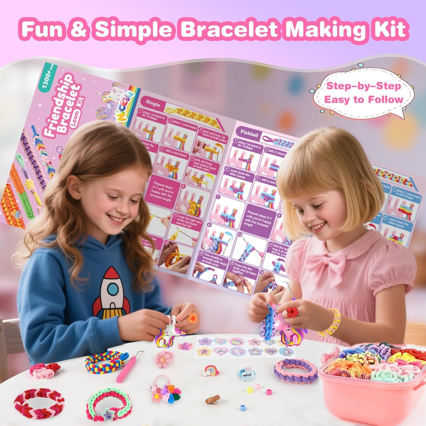 Nicella Bracelet Making Kit Gifts for Girls Ages 8-12, Weaving Loom Kit Toys, 1300+PCS Kids DIY Craft Kits with 2 Weaving Comb, Easter Gifts for Girls 6 7 8 9 10 11 12 Year Old