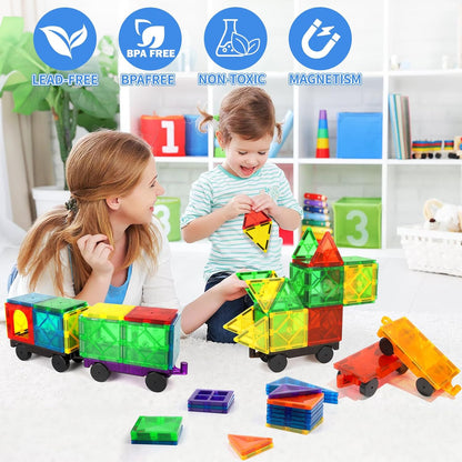 Mruikeny Magnetic Tiles Cars Construction Set - 4 PCS Magnetic Tiles Magnet Bricks Truck Sensory Toys, Educational Magnet Cars Set Building Blocks for 3 4 5 6 7 8+ Year Old Girls Boys