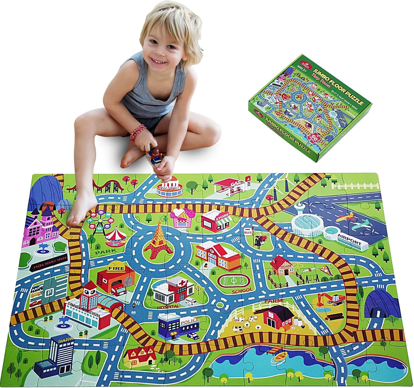 Jumbo Floor Puzzle for Kids Ages 3-5, Giant City Race Tracks Jigsaw Puzzles for Toddler 2-4 (60pcs 35.4x23.4 Inch Extra-Thick Cardboard), Educational Preschool Toy for 4-6 Year Old