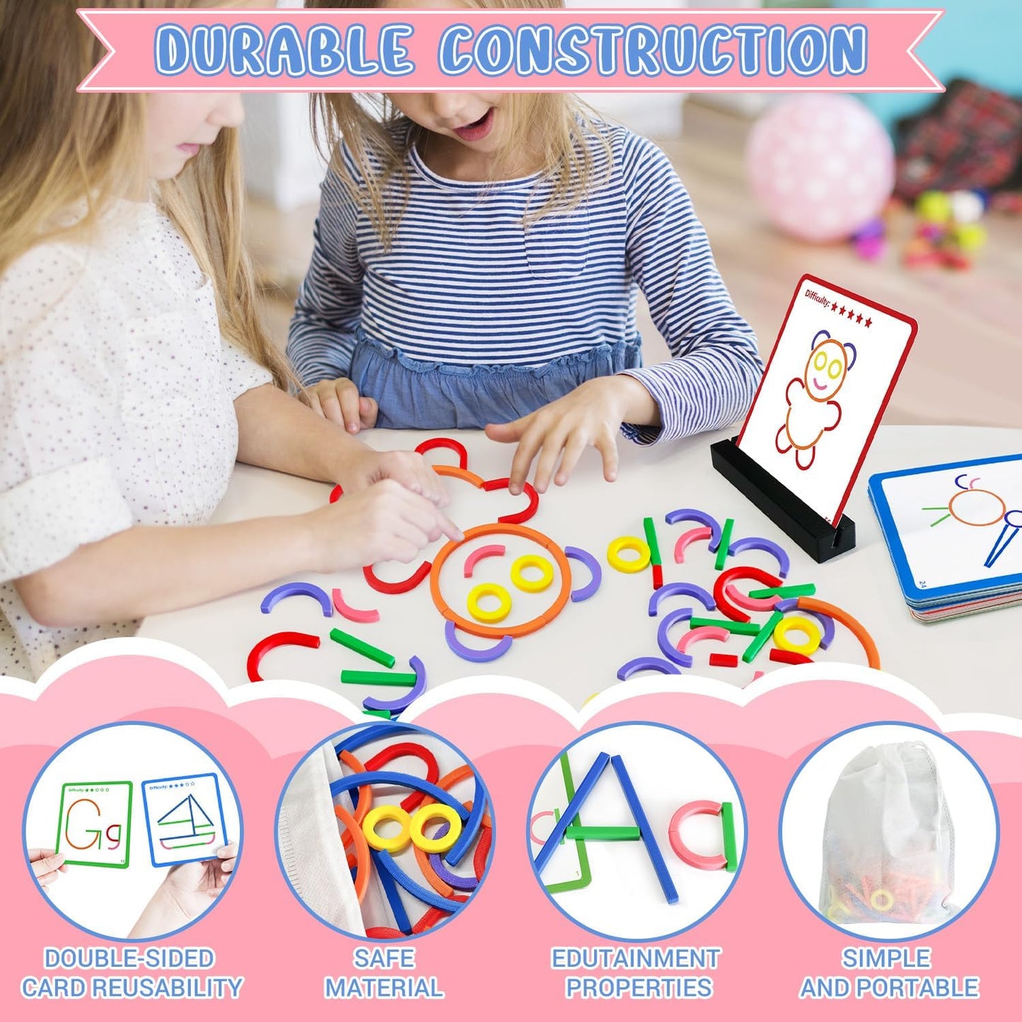 STEM Toys for Creative Learning Sticks & Rings Shape Building Blocks 160PCS Pattern Blocks Puzzle Educational Resources Montessori Toys for Preschool and Kindergarten Girls and Boys Ages 5+