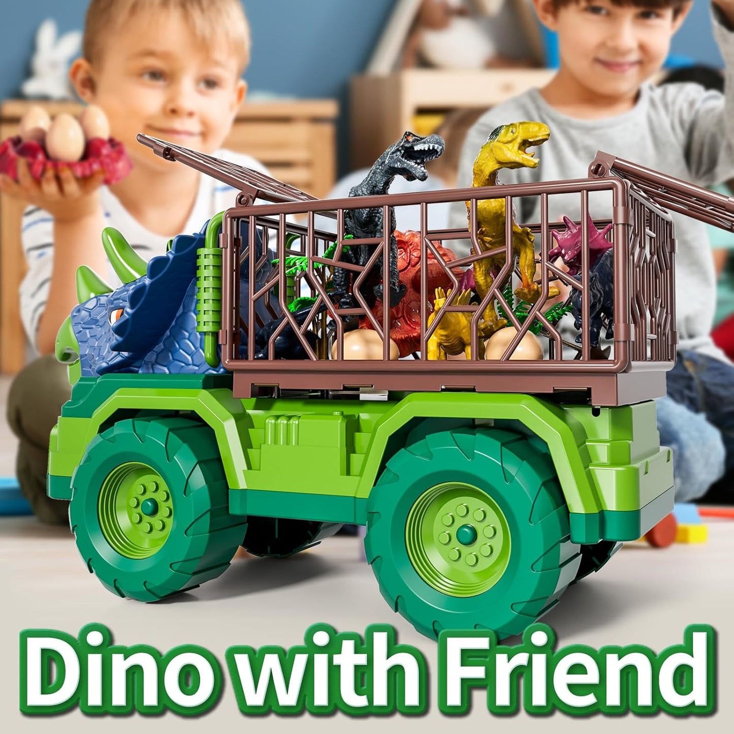 Dinosaur Truck for Kids 2-4, Dinosaur Action Figure Toys for Toddler 3-5 with 8 Dinosaur Figures, Play Mat, Egg, Tree, T-Rex Transport Car Carrier Birthday Gifts Toys for Boys 2 3 4 5 6 Year Old