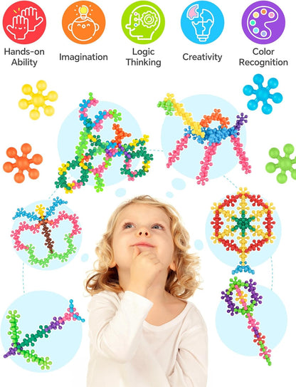 Snowflake Interlocking Building Block Educational Toy 300PCS for Kids Ages 3+, Multi-Color Solid Plastic Early Learning Creativity STEM Toy with Carrying Case Safe Material
