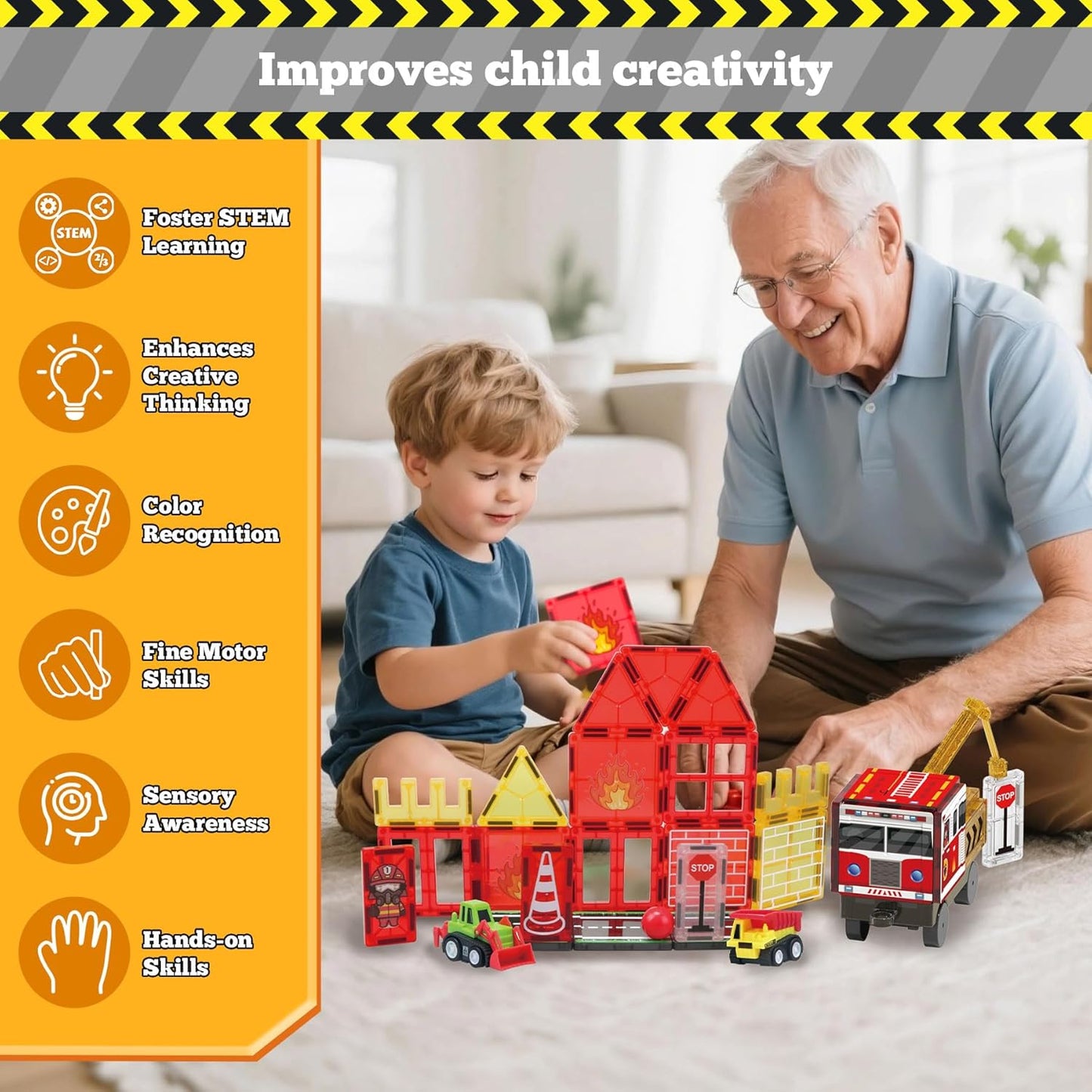 SKTMYY Magnetic Tiles Construction Toys with Road & Crane & Marble Run, Double-Sided Fire Station & Building Magnet Tiles for Kids Ages 4-8, STEM Magnetic Blocks Gifts for 3 4 5 6 7 8 Year Old Boys