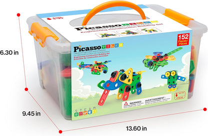 PicassoTiles 152pc STEM Construction Toy Building Set for Kids Ages 3+ Includes Power Drill, Ratchet, Idea Book, Storage Box Educational Engineering Science Kit & Sensory Toys for Boys & Girls PTN152