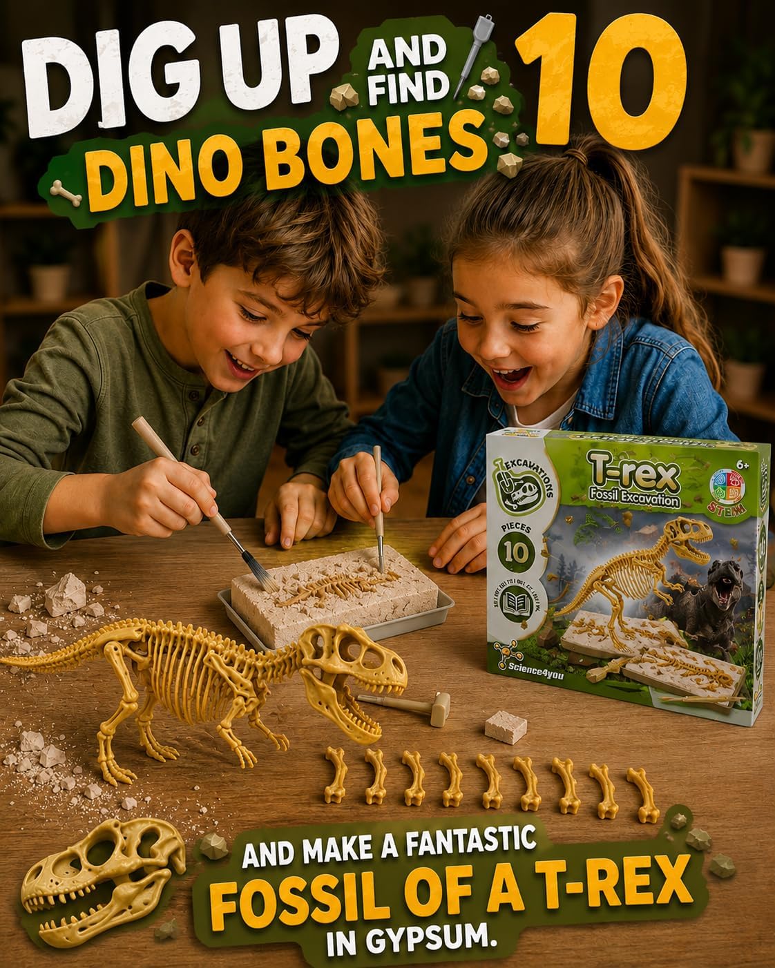 Science4you Triceratops Dinosaur Fossil Digging Kit - Excavate and Assemble 10 Dino Bones, Dinosaur Archeology and Paleontologist Toys, Games, Gifts for Boys and Girls Age 6 7 8 9 10+