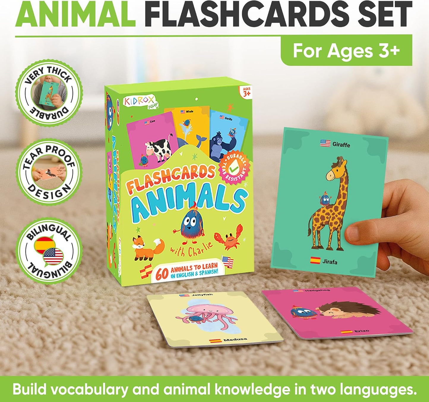 Kidrox Squad Alphabet Flashcards for Kids – 26 Slide-Reveal Cards in English & Spanish | Magic Pull-Tab Bilingual Learning Game for Toddlers & Preschoolers Age 3+