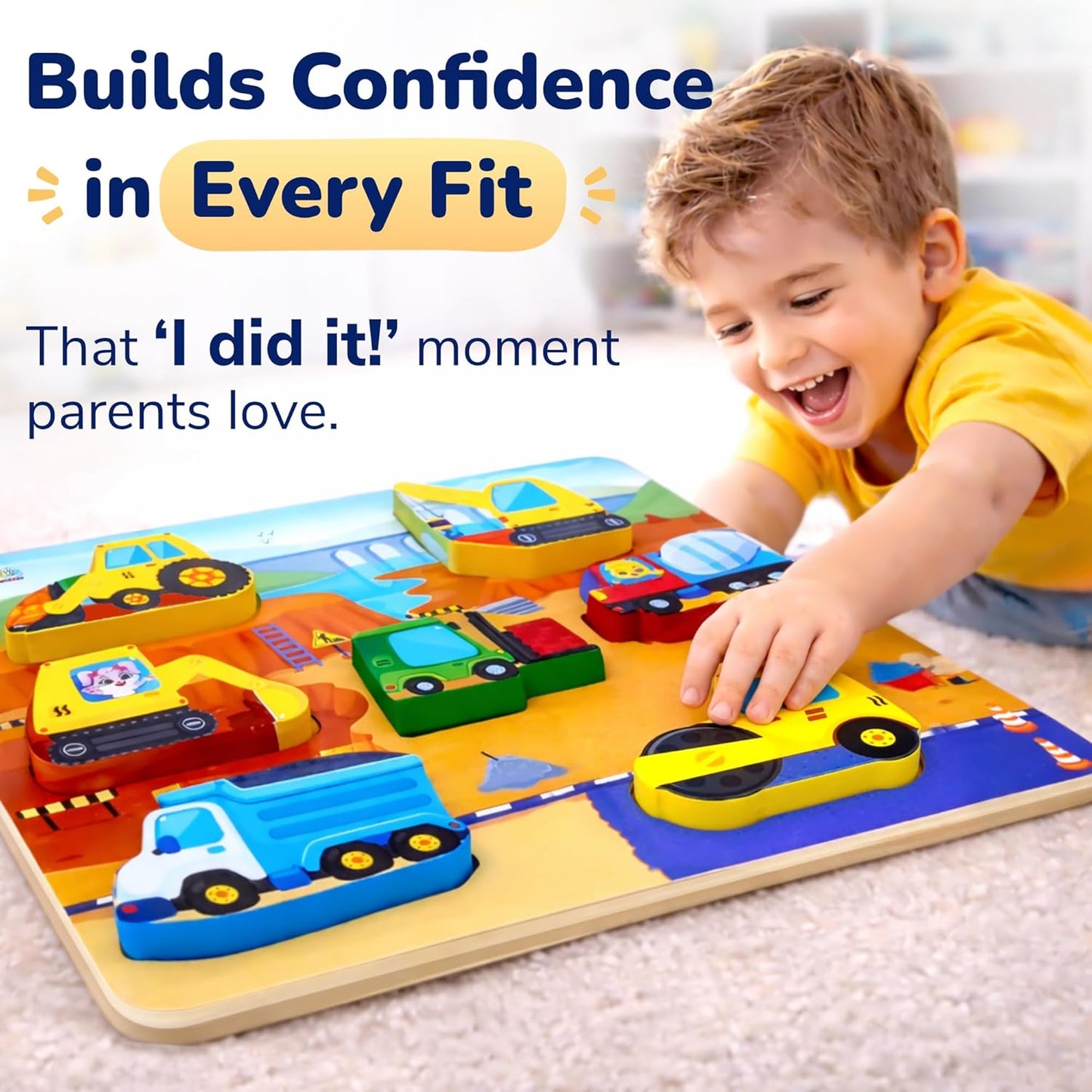 Lucas & Friends Wooden Construction Vehicle Peg Puzzle for Toddlers 2-4, 7-Piece Montessori Matching Board, Extra-Thick Easy-Grip Trucks,Preschool Learning Toy - 12”x 9”