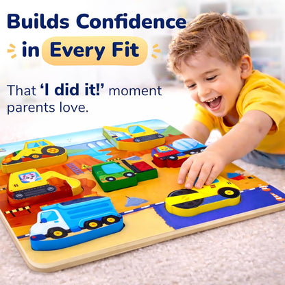 Lucas & Friends Wooden Construction Vehicle Peg Puzzle for Toddlers 2-4, 7-Piece Montessori Matching Board, Extra-Thick Easy-Grip Trucks,Preschool Learning Toy - 12”x 9”