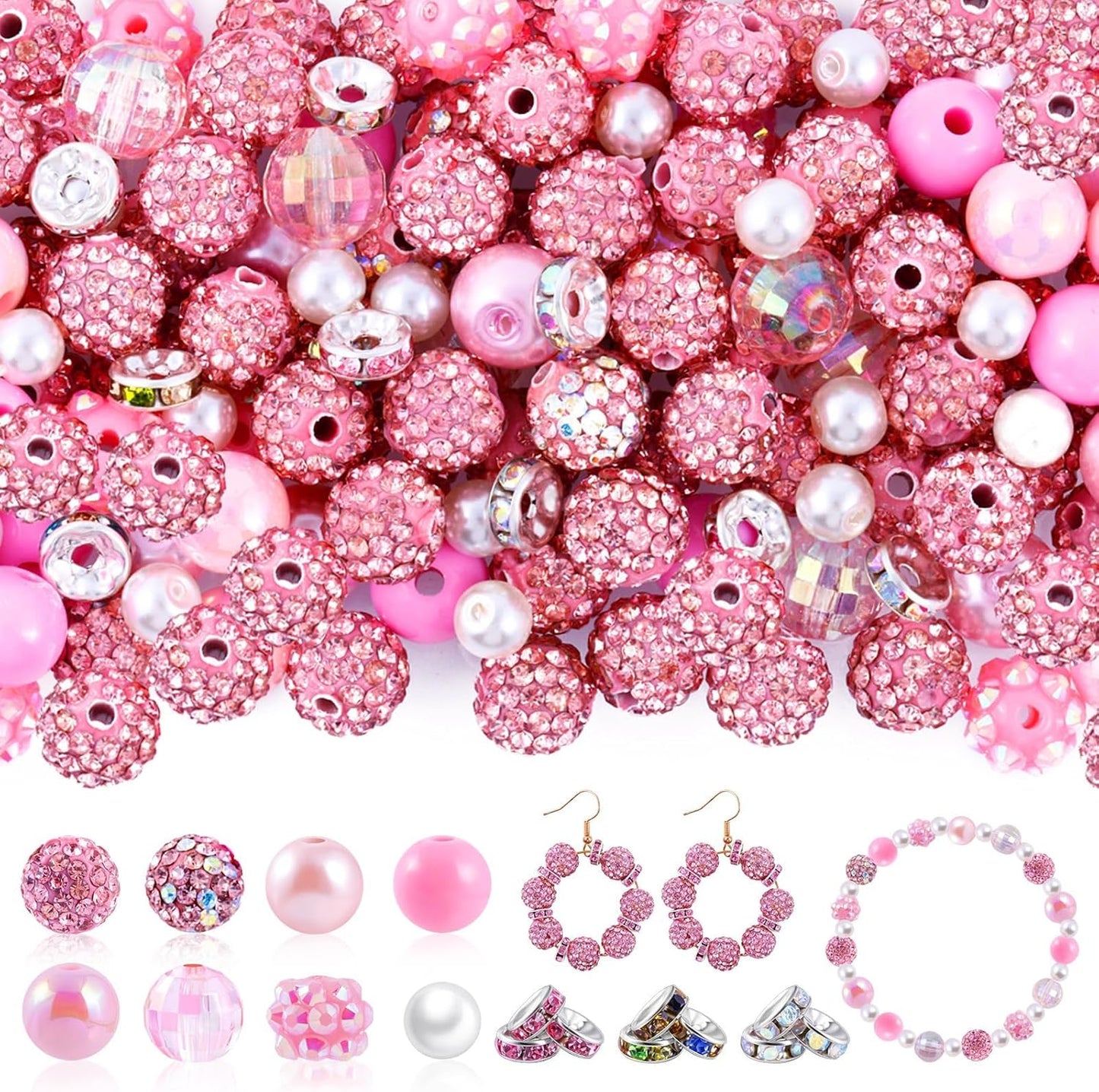 300 Pcs Diamonds Beads for Jewelry Making, Included 10 mm Red Rhinestone Beads for Bracelets, Bubblegum Bead for Pen Making, Pearl and Spacer Bead for Bracelet Necklace Earring Crafting