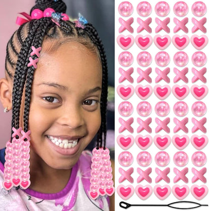 60PCS Pink White Hair Beads for Braids Three Styles Cute Loc Beads Heart Shape Bead for Kids Dreadlock AB Color Round Pony Bead Accessories