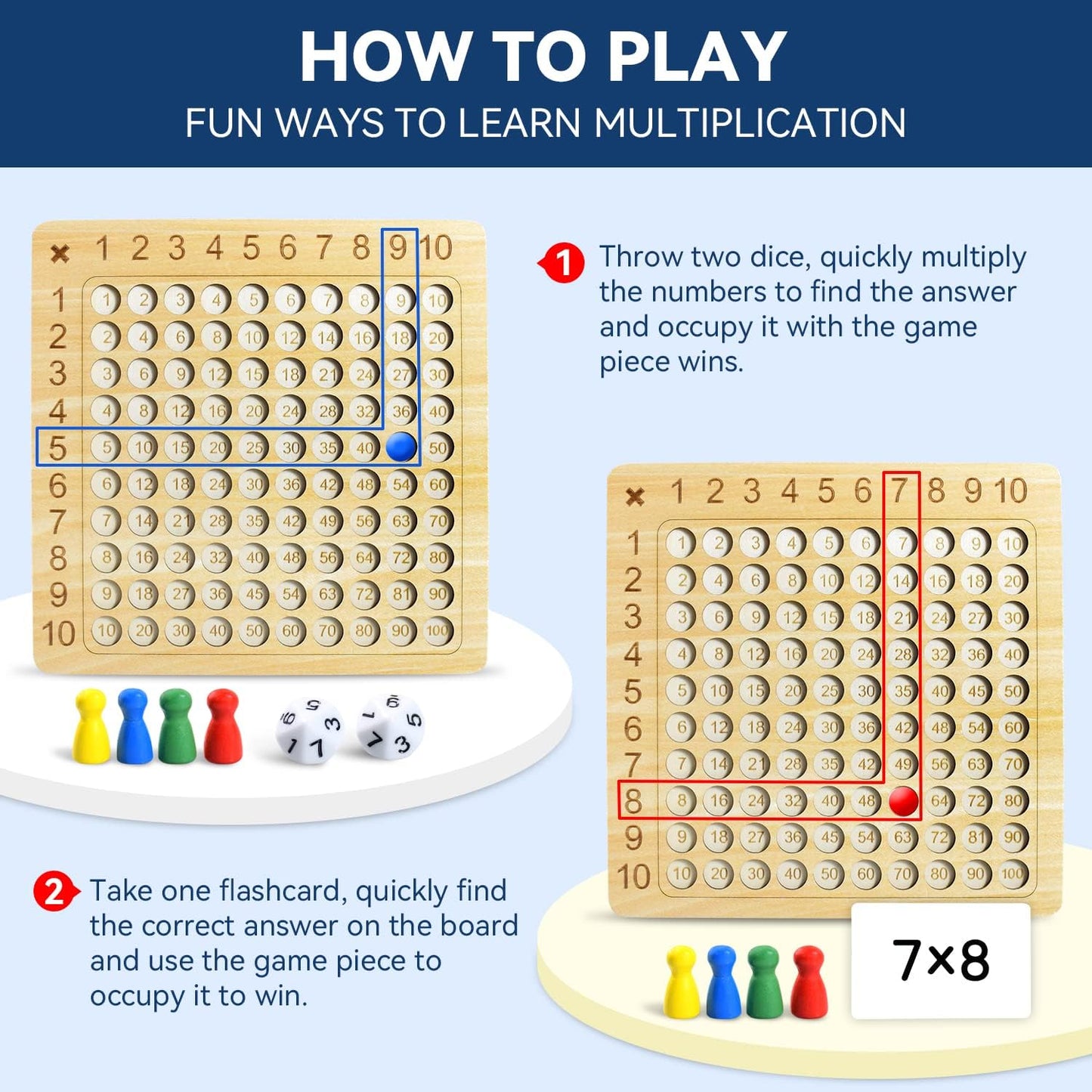 BAKAM Wooden Multiplication Board Math Game for Kids 8-12, Math Manipulatives Set with 100PCS Flash Cards for Kids 6-8 Years Old, Montessori Counting Toy Preschool Learning