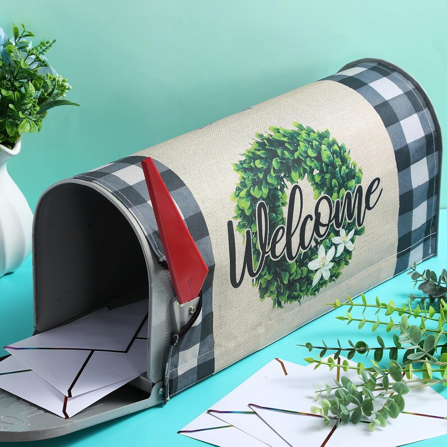 Tiamon Monogrammed L Mailbox Covers Magnetic Eucalyptus Welcome Letter Box Wrap Standard Size 21x18 Inch Spring Summer Leaves Mailbox Decor Eucalyptus Letter Numbers Decoration for Outdoor Garden Yard