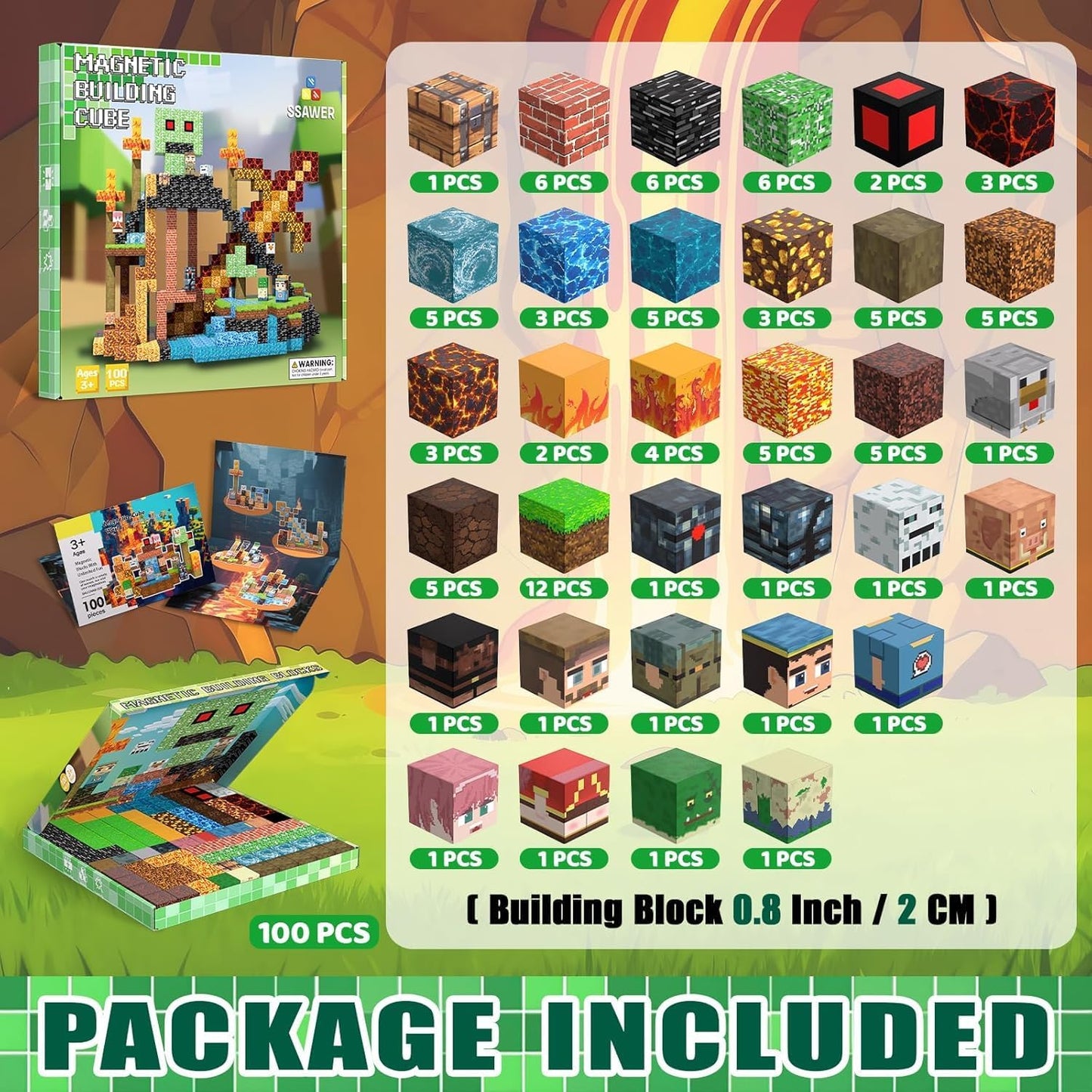 Magnetic Blocks Toys for Kids, 100 PCS Building Blocks Cubes, Stacking Magnetic Tiles Toys for Kids Toddlers Boys Girls Ages 3 4 5 6 7 8-12 Birthday Gifts Party Supplies (Underworld)