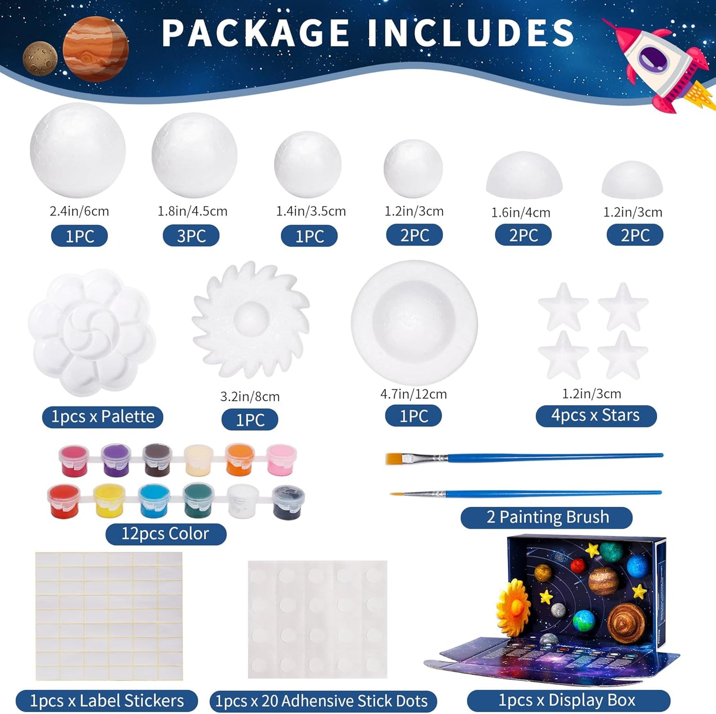 Pllieay 3D Solar System Model Kit, Solar System Kit with Display Box, 17 Mixed Sized Foam Balls, 12 Color Pigments, Brushes, Palette, Educational DIY Planet Toys for School Science Projects