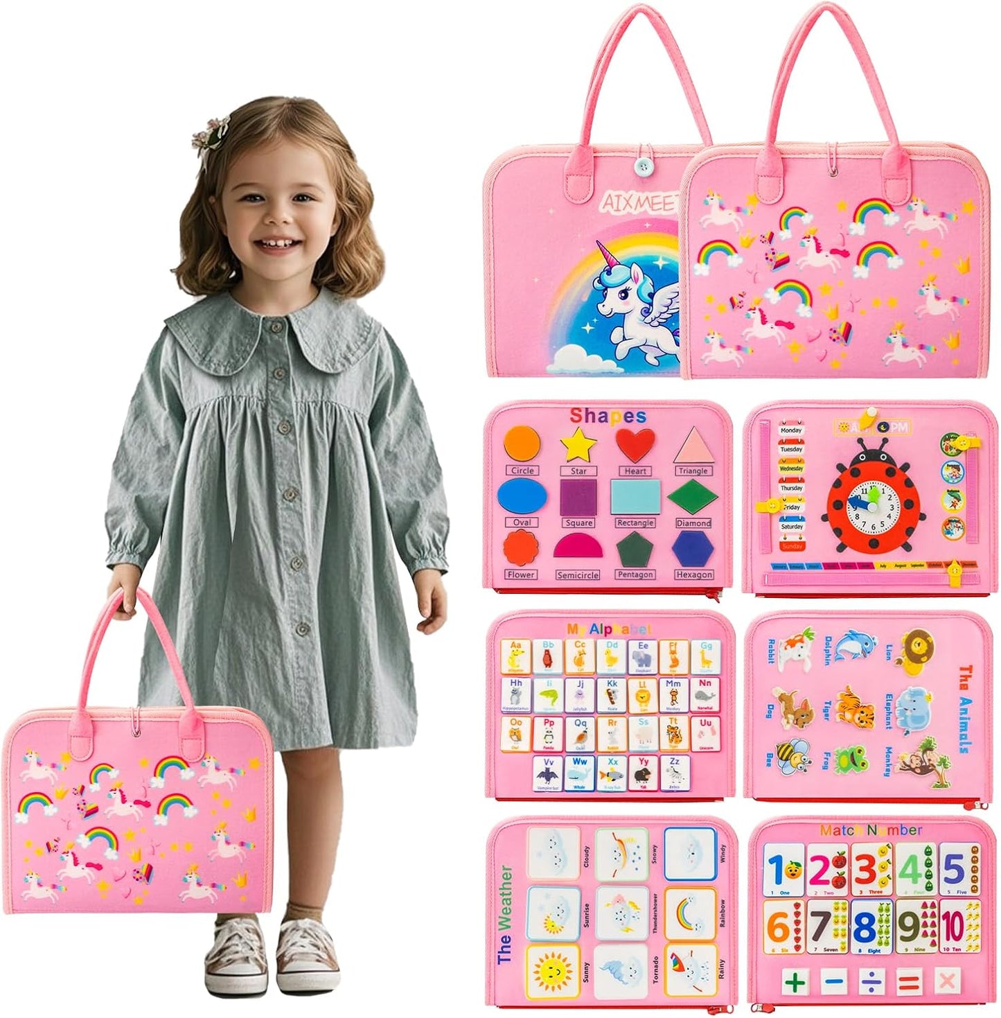 Toddler Busy Board Montessori Toys for 3 4 5 6Year Old, Preschool Learning Activities with Life Skills,ABC,123,Shape,Color,Animal,Weather,Toddler Travel Toys，Educational Activity Developing Sensory
