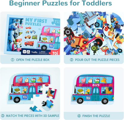 Toi 6 Packs Large Piece Toddler Jigsaw Puzzles for Kids Aged 2.5+, Animal Shaped Floor Puzzles for Beginner, Preschool Learning Game for Boys Girls, Traffic