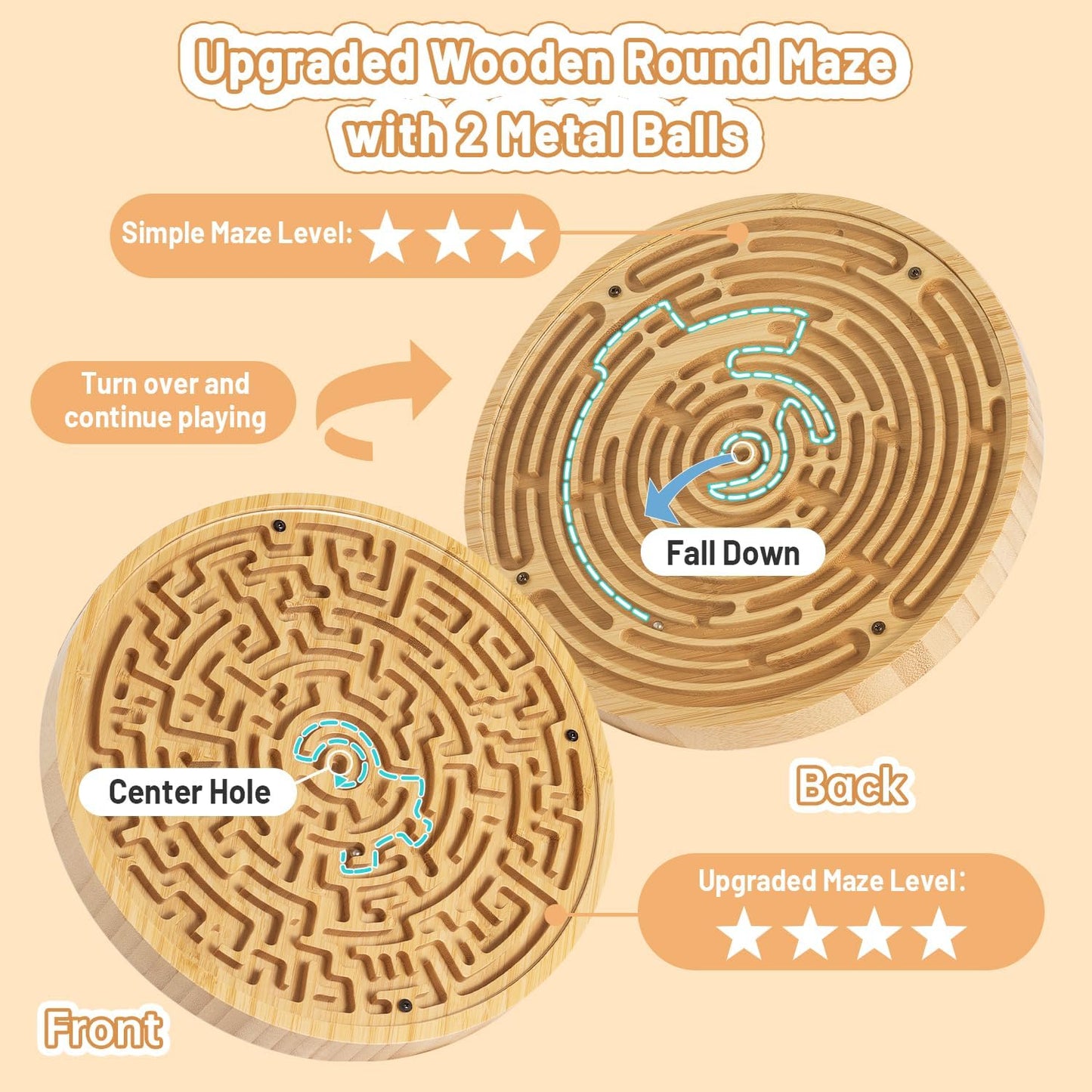 Round Wooden Labyrinth Board Game - Marble Maze for Education and Fun, Toddler Activity Board, Brain Teaser Puzzle Logic Game with Two Metal Balls for Kids, Adults, Teens, Boys, and Girls