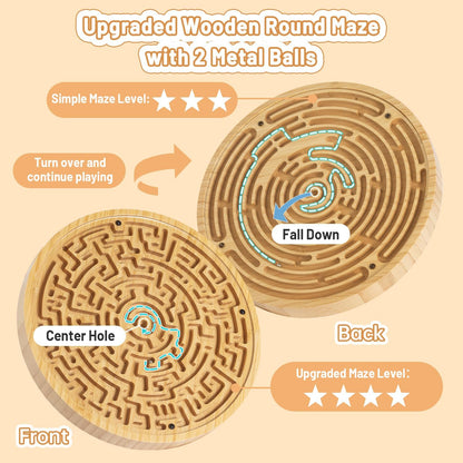 Round Wooden Labyrinth Board Game - Marble Maze for Education and Fun, Toddler Activity Board, Brain Teaser Puzzle Logic Game with Two Metal Balls for Kids, Adults, Teens, Boys, and Girls