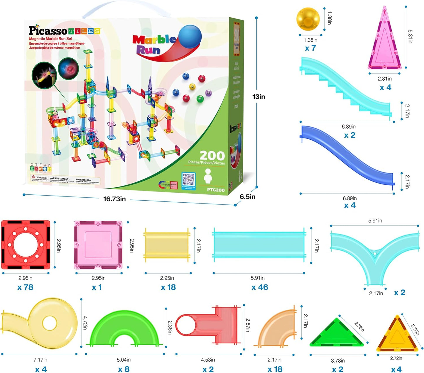 PicassoTiles 108pc Magnetic Marble Run Set with Building Tiles Race Track Car Slides Set STEM Learning Toy 3-in-1 Preschool Construction Kit for Indoor Activity and Development for Kids age 3+ PTG108