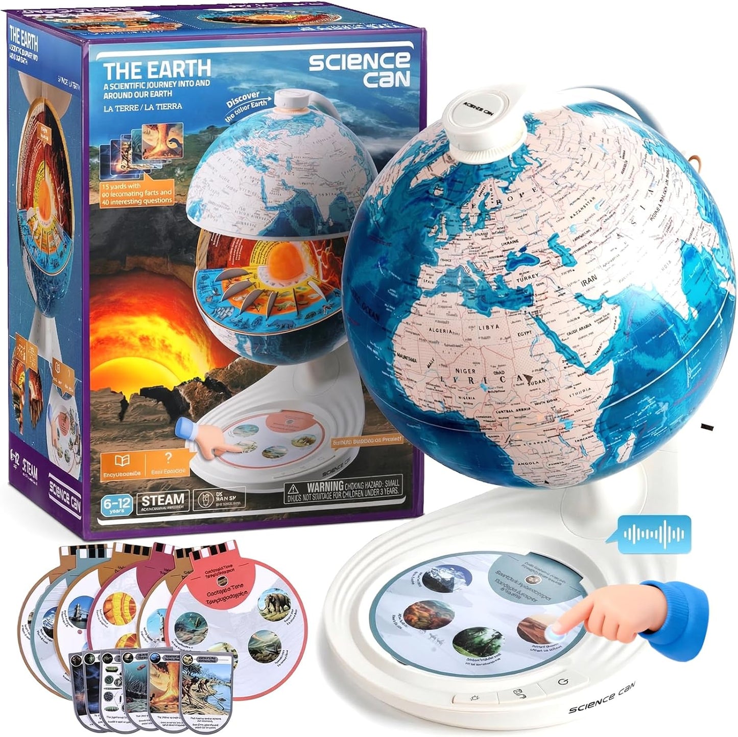 8” Interactive Talking Globe for Kids Ages 4-12, Science Can Earth Globe with LED Core, Bilingual English/French Educational STEM Toy Birthday Gift