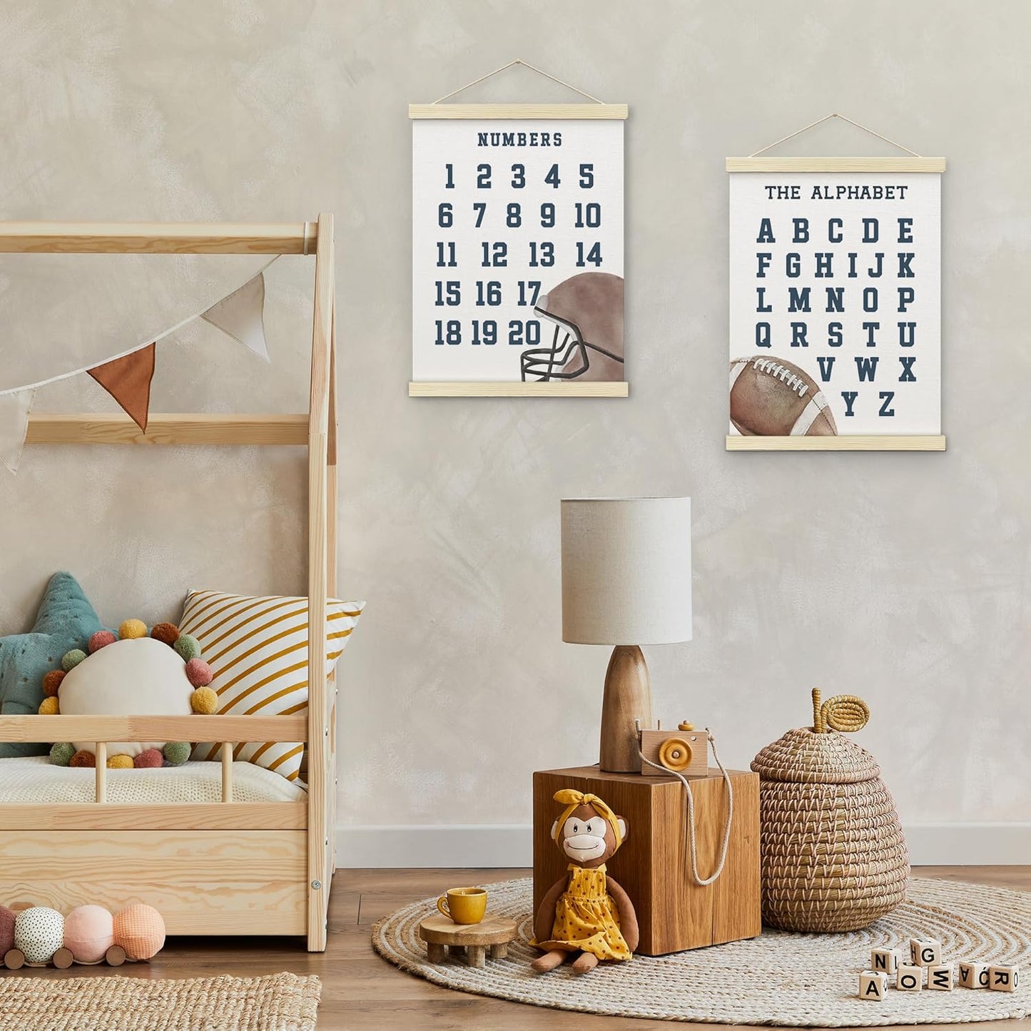 BONETAT Numbers alphabet poster for Nursery Toddlers, Play Room Wall Decor, ABC Wall Chart, Wall Hanging Decor for Toddler Playroom Decor Kids Wall Decor, Wooden Alphabet Banner-A02