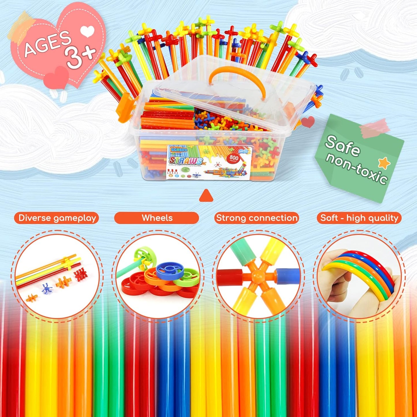 Ggiibro Straw Constructor Toys 600Pcs STEM Building Toy Interlocking Plastic Engineering Thin Tube Blocks Educational Kit for 3 4 5 6 7years Kids Boys and Girls Gift Preschool Toy with Storage Box