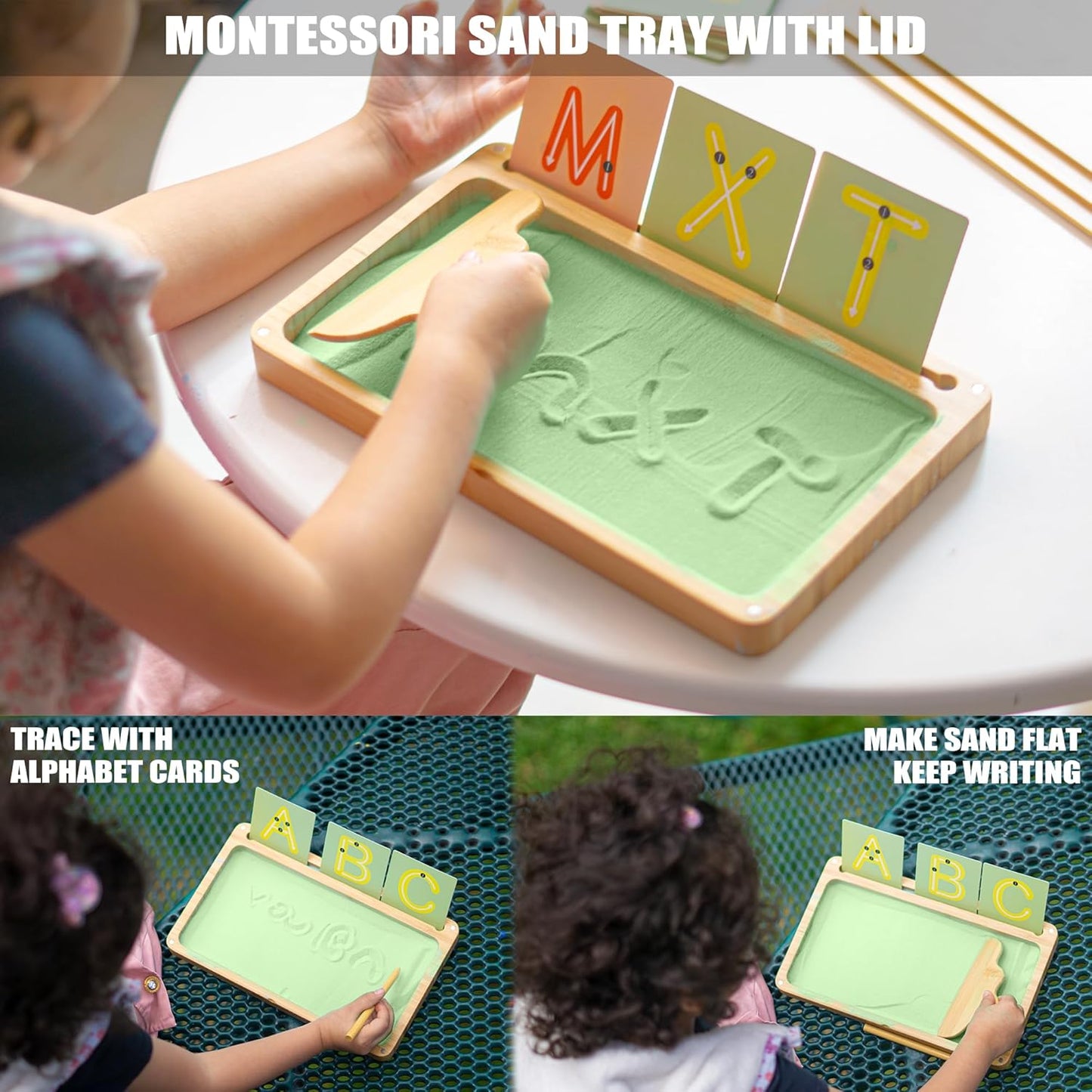 AtMini Montessori Sand Tray with Lid - Wooden Sand Trays for Kids Writing Letters and Numbers, Preschool Classroom Must Haves, Kindergarten Learning Tools (Blue)