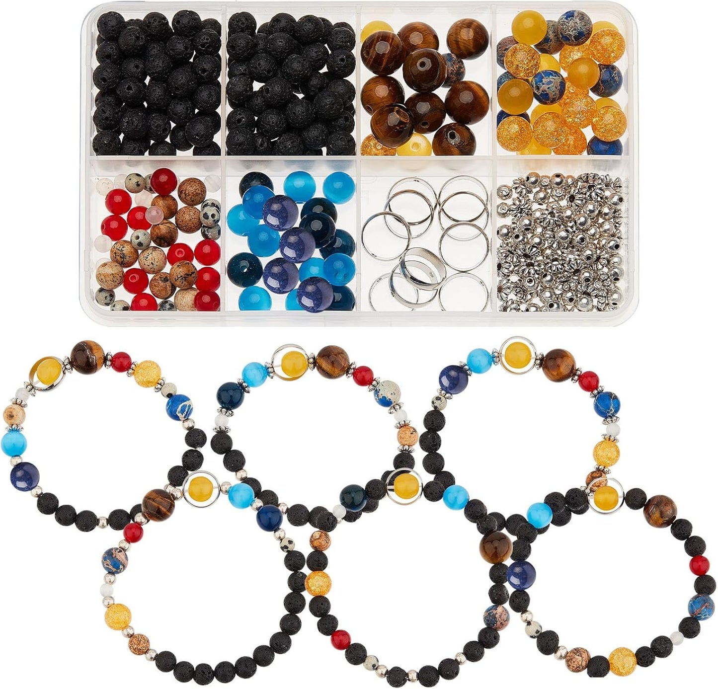 SUNNYCLUE 1 Box 300+Pcs DIY 10 Sets Solar System Bracelets Kit Universe Galaxy The Nine Guardian Planets Bracelet Necklace Tiger Eye Bead Natural Gemstone Beads for Jewelry Making Kits Craft