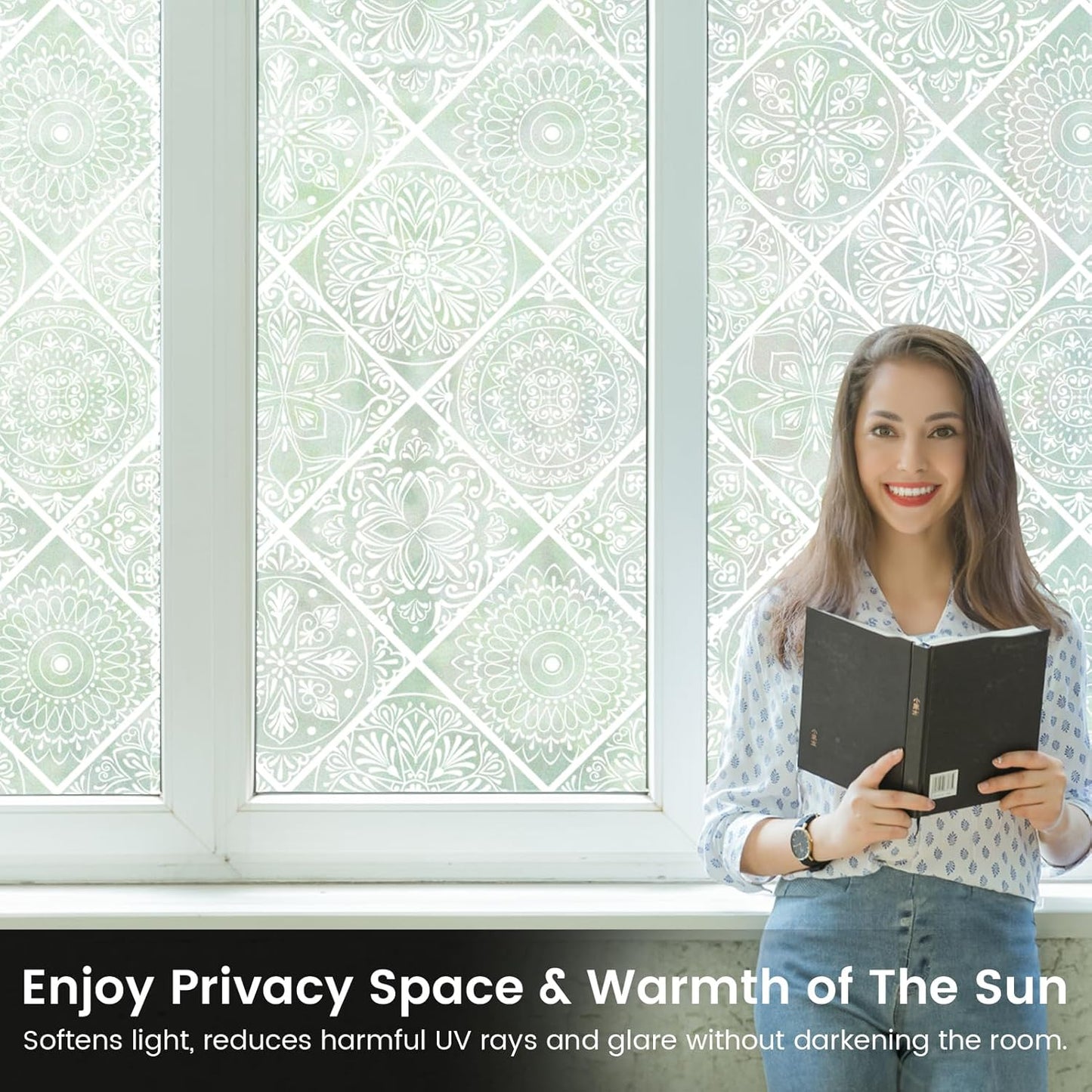 DKTIE Wooden Blinds Pattern Decorative Window Privacy Film, Sun Blocking Heat Control, Static Cling No Glue, with Installation Tools, Stained Glass Window Film (S531, 17.7" x 78.7")