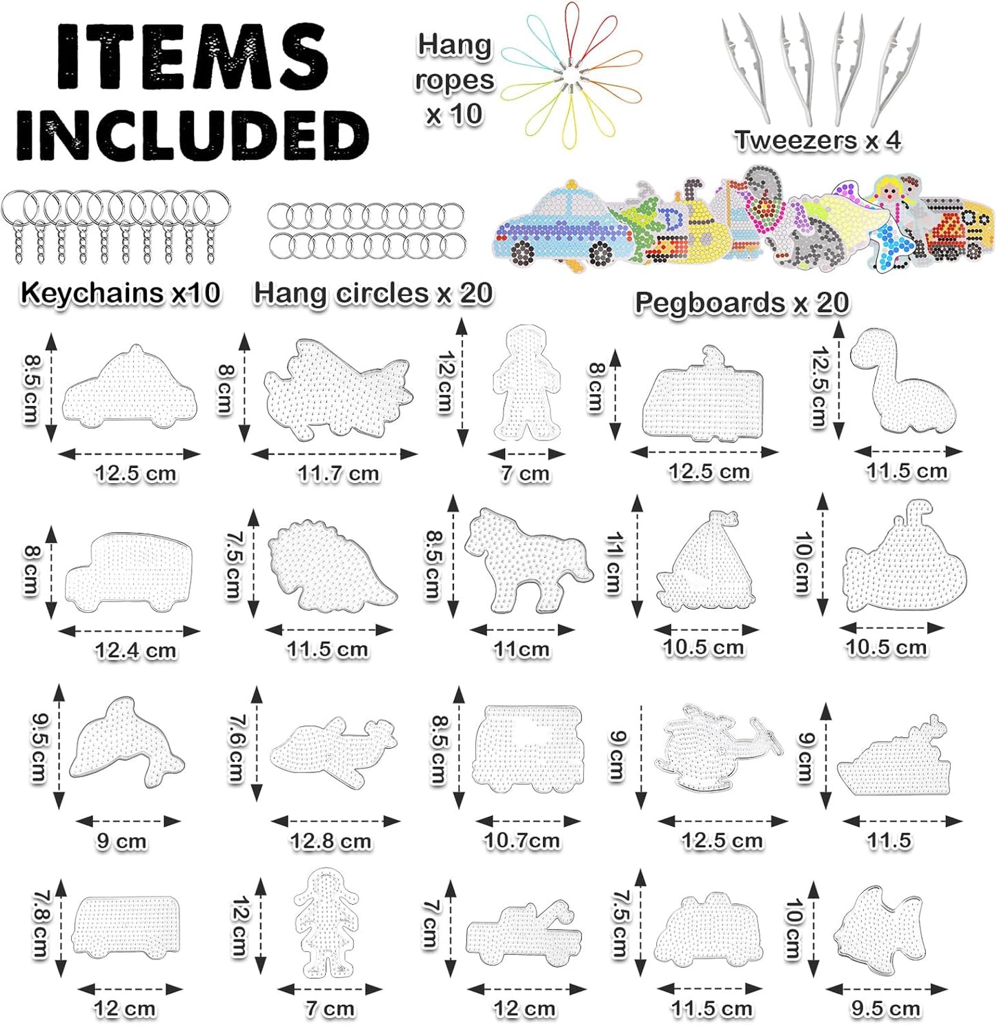 FUNZBO 20 pcs Pegboards for 5mm Fuse Beads Project- Animal Shape Pegboards for Arts and Crafts with Keychains, Hang Ropes and Tweezers, Gifts for Boys and Girls (Beads Not Included)