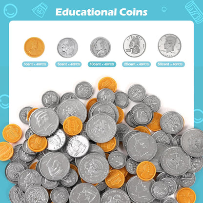 Quiet Flower Learning Pretend Play Coin, Copy Pretend Coins Toys for Kids, Prop Fake Coins and Banking Play Toys Set(200pcs)