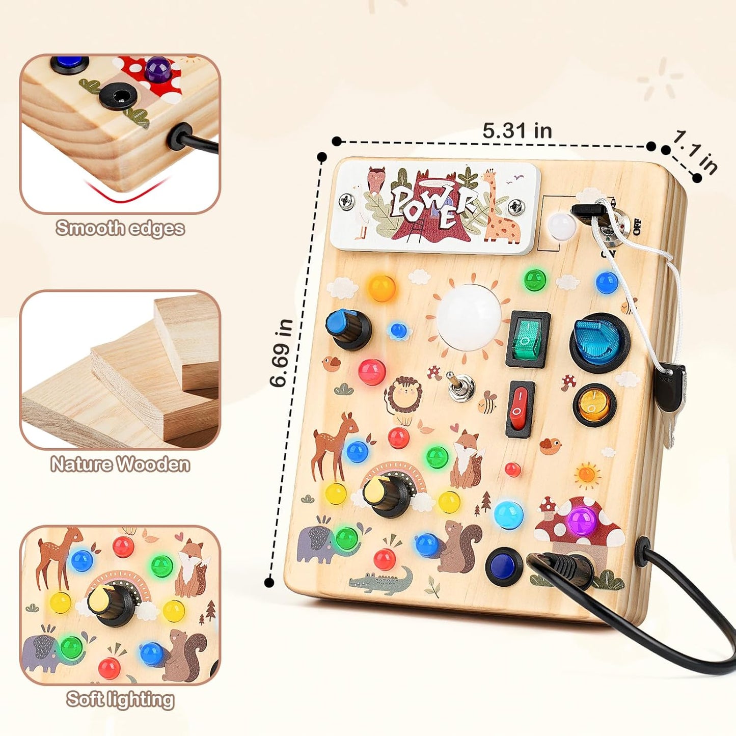 Sanlebi LED Busy Board for Toddlers 1-3,Montessori Toy with Key Switch, Light Up Wood Activity Sensory Board for Fine Motor Skills, Educational Travel Toy Gift for 1 2 3 Year Old Boys Girl