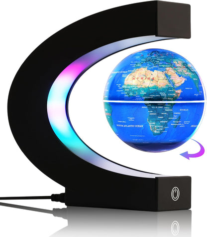 Magnetic Levitation Floating Rotating World Globe with LED Light - C Shape Anti Gravity Levitating Globe for Desk Office Decor, STEM Educational Map, Unique Tech Gift for Men Kids Boss, 3.5 Inches