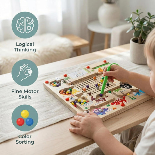Magnetic Color and Number Maze for Toddlers, Wooden Dinosaur Counting Sorting Board with 20 Patterns Cards, Montessori Fine Motor Skills Toys for 3 4 5 Year Old Boys Girls Kids Gift