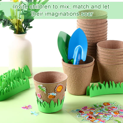 72 Pcs 4 Inch Garden Paper Pot Craft Kit Spring Crafts Bulk Including Round Paper Mache Pots Adhesive Foam Sticker EVA Grass Sticker Mother's Day DIY Planting Growing Garden Kit